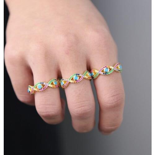 New arrived Gold filled rainbow colorful cz lucky cute turkish evil eye turquoises stone engagement band stacking women ring