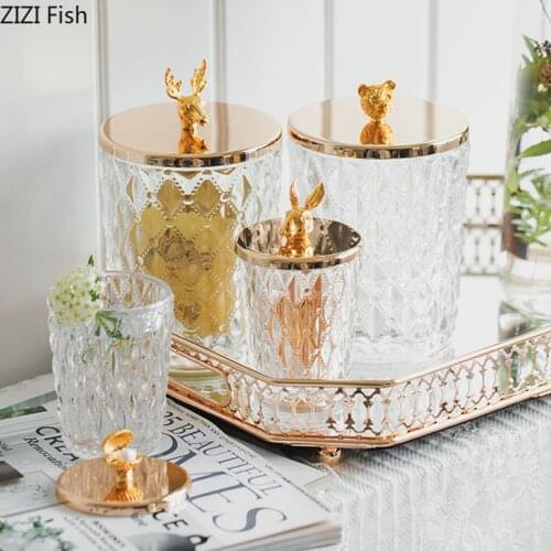 Gilded Candy Jar Glass Candle Jars with Lid Jewelry Crystal Organizer Tank Animal Decorative Candy Jars Living Room Decoration