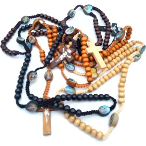 Religious Antique Wooden Cross Pendant Rosary Necklaces Long Beads Chain Catholic Jesus Christ Virgin Mary Necklace Jewelry