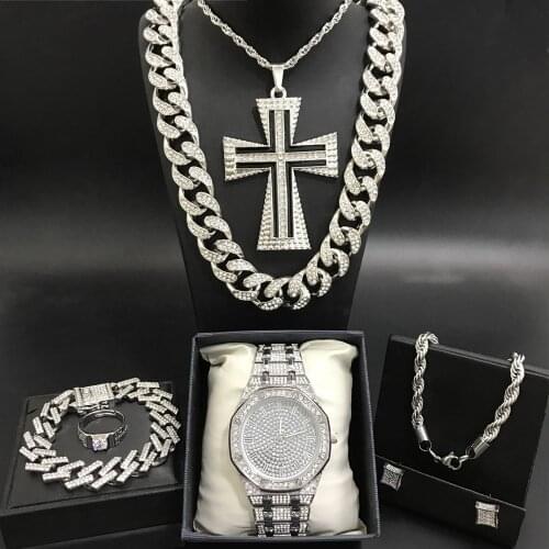 Luxury Men Silver Color Watch & Neckalce & Braclete & Ring & Earrings Combo Ice Out Cuban Crystal Miami Neckalce Hip Hop For Men