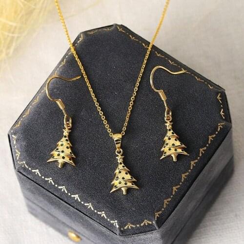Christmas Tree Jewelry Sets For Women Aesthetic Cute Green Zircon Light Gold Color Necklace Earrings Xmas Jewellry S528