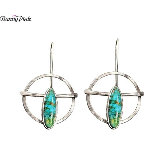 Banny Pink Ethnic Round Turquoises Stone Stud Earring For Women Vintage Retro Antique Chic Fashion Jewelry