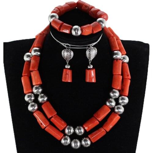 Gorgeous Coral and Silver Women Jewelry Set African Coral Beads Bridal Jewelry Set Nigerian Wedding Real Coral Beads Gift CNR904