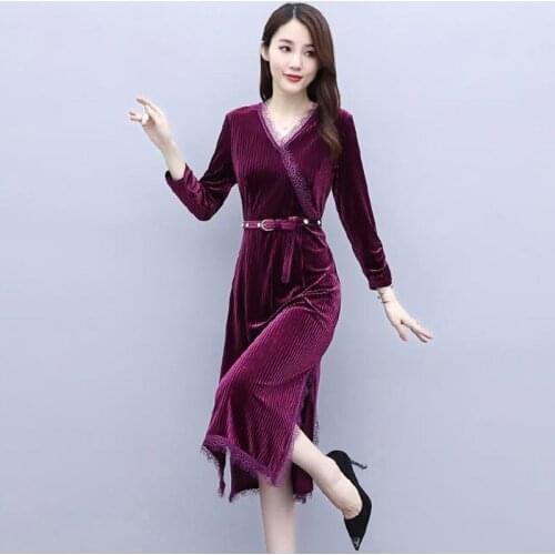 Spring Fall Womens V Neck Lace Patchwork Wine Red Black Placket Velour Dress , Pearls Belt Velvet Dresses for Woman Clothes
