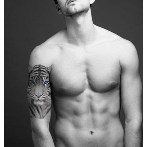 Temporary Tattoo Stickers Cool Tiger King Blue Eyes Realistic Fake Tatto Waterproof Tatoo Arm Body Art Large Size for Women Men