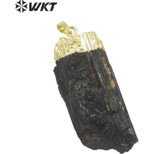 WT-P252 New !! Natural black tourmaline pendants,gold link on edged pendant,mineral stone pendants