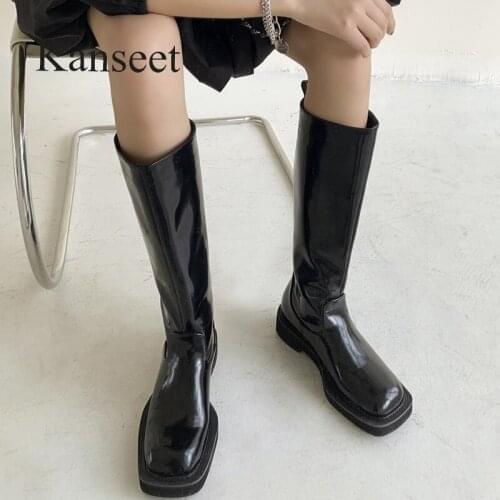 Kanseet Women Knee-High Boots 2021 New Autumn Winter Warm Cow Leather Mid Heels Shoes Black Big Size 41 Slim Platform Long Boots