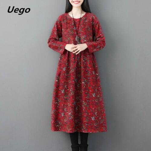 2021 New Long Sleeve Autumn Dress Cotton Linen Print Floral Vintage Office Lady OL Work Dress Women Female Casual Spring Dress