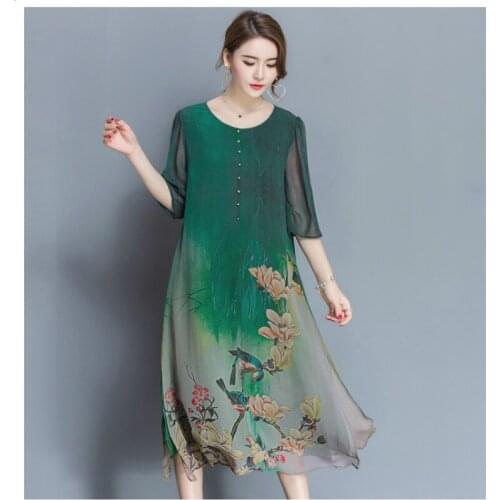 New Style Spring And Summer Quality Dress Female Plus Size Loose Print Full Dress Soft Material five Quarter Sleeve Dress M-4XL