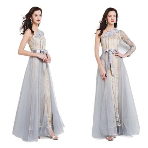 2021 cross border European and American temperament evening dress new banquet diagonal shoulder long host dress two pieces