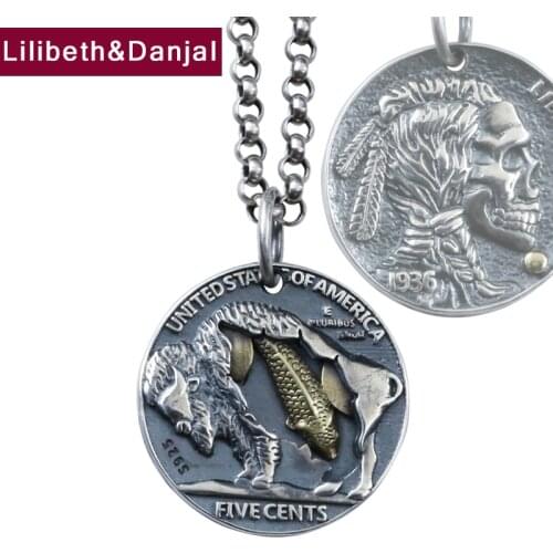Goldfish Coin Skull 925 Sterling Silver Vintage Figure Statue Free Leather Chain Necklace Pendant Jewelry For Women Men 2020 P03
