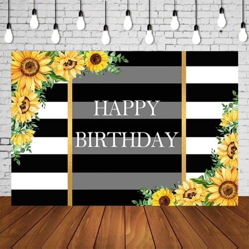 Adults Woman Birthday Party Banner Photographic Background Backdrop Black Stripes Goden Frame Sunflowers Celebrating Posters