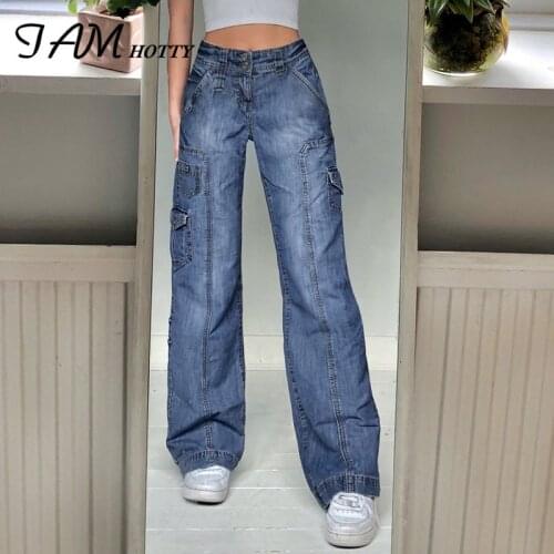 Bright Thread Pockets Wide Leg Jeans Women Boyfriend Oversize Baggy Denim Pants Straight Cargo Pants Hip Hop Streetwear Iamhotty