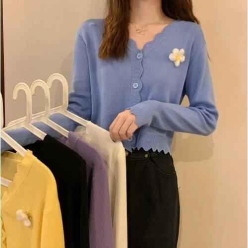 2021 Spring Autumn V-neck 3d Floral Wave Edge Cardigan Sweater Casual Loose Single-breasted Cropped Sweater Sweet Loose Sweaters