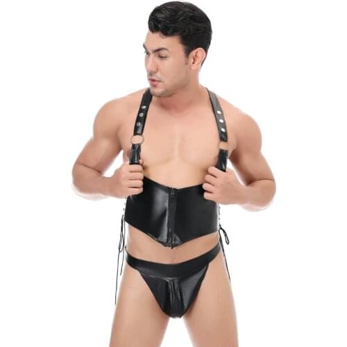 Mens Harness Lingerie Set Gay Faux Leather Clubwear PU Vinyl Harness Bondage Vest with G-string Underwear Male Fetish Costumes