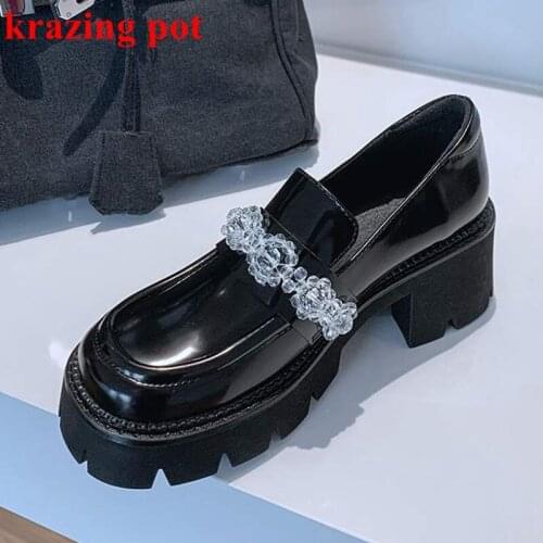 Krazing pot genuine leather round toe slip on rhinestone flowers casual shoes beauty lady women thick heels platform pumps L01