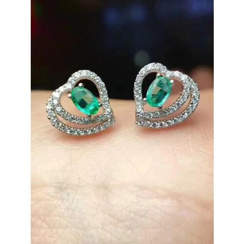 Love Heart Earring Natural emerald earring Free shipping Real original emerald 925 sterling silver 3*5mm 2pcs