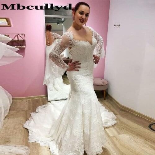 Mbcullyd Sheer Scoop Mermaid Wedding Dresses 2020 Graceful Flare Sleeve Lace Bridal Dress For Women Bohemia Vestido De Noiva