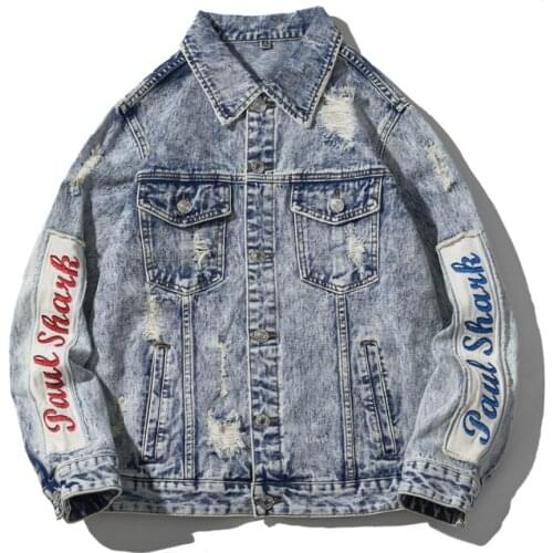 Youth popular youth mens jacket fashion stitching printing trend ripped cat whiskers denim jacket M-5XL