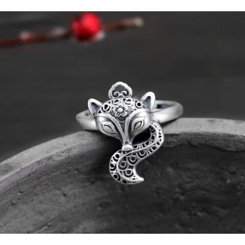Original Design Thai Silver Hollow Craft Fox Opening Ring Chinese Style Retro Fresh And Elegant Charm Womens Silver Jewelry