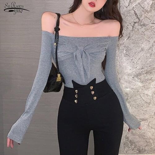 Autumn Long Sleeve Cotton Shirts Women Sexy Off Shoulder Casual Short Tops Blouses Slash Neck Bottoming Shirt Bow Blusas 16084