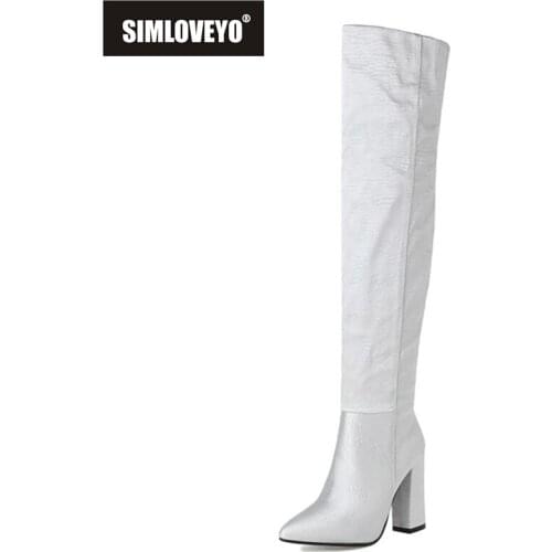 SIMLOVEYO 2021 Over The Knee Boots Sexy Party Slip On Short Plush Pleated Block Heel Size 33-43 Black Silver Yellow Beige A4493