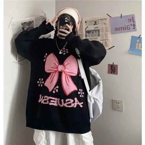 Korean style street all-match knitted top Harajuku sleeve size round neck sweet and cute bow jacquard loose thick warm sweater