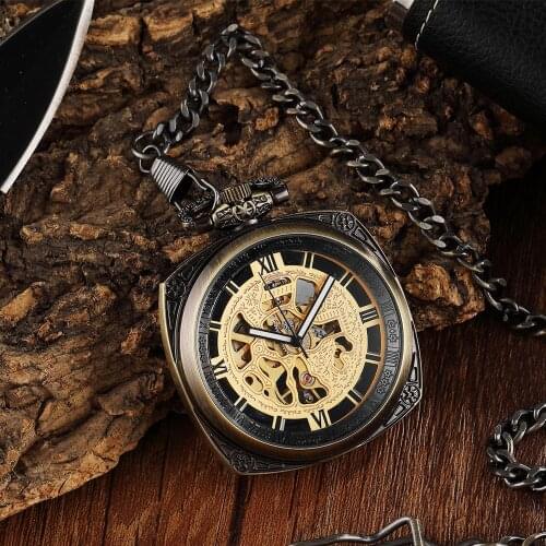 Retro Vintage Square Dial Steel Mechanical Pocket Watch Men Hollow Skeleton Sculpture Steampunk Pocket Watch Set Women Men Gifts