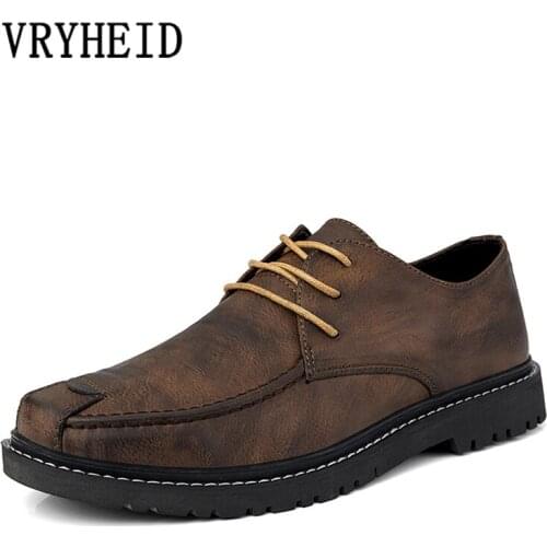 VRYHEID Autumn Mens Shoes Fashion Lace Up Leather Shoes Men British style Business Casule Shoes Comfortable Loafers Size 38-47