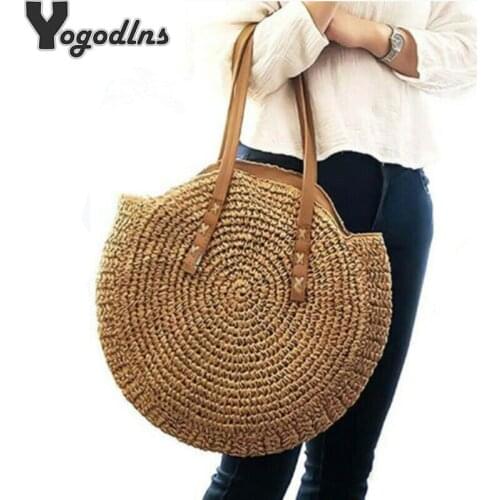 Simple Straw Circular Square Women Shoulder Bag Handmade Woven Bohemian Handbag Summer Beach Lady Large Capacity Wicker Tote