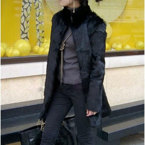 Womens new fashion real natural full pelt rabbit fur coat jacket female long genuine whole skin fur overcoat winter outerwear