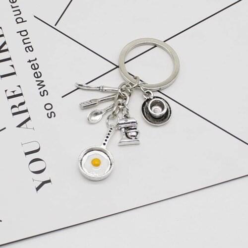 1 coffee cup, coffee machine, knife and fork, French fries keychain, egg frying pan keychain, chef, bakery, gift, jewelry keycha