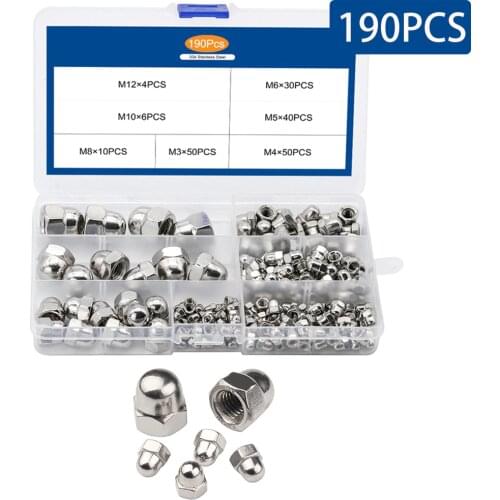 190PCS/BOX Acorn Nuts M3 M4 M5 M6 M8 M10 M12 Stainless Steel Hexagon Dome Cap Nut Blind Nut Decorative Cap Assortment Kit
