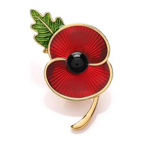 2" Red Enamel Gold Tone British Poppy Brooch Flower Pin with Leaf Souvenir