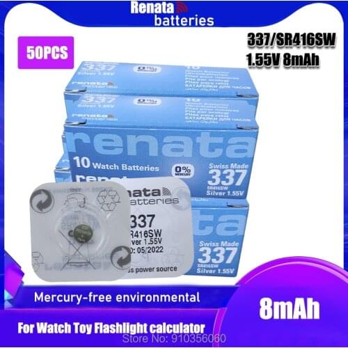 50PCS Renata Swiss Battery 337 SR416SW 1.55V for Watch Silver 337 SR416SW RENATA Watch Batteries