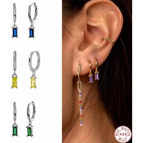 GS 925 Sterling Silver Colorful Zircon Charm Dangle Earrings For Women Circle Huggies Piercing Ohrringe Drop Earrings Jewelry