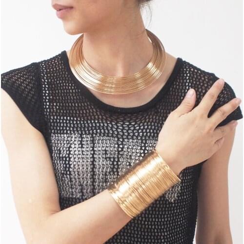 UKMOC Punk Multilayer Metal Wire Chokers Cuff Bracelet Bangles Necklaces Sets Alloy Women Statement Jewelry Sets Indian