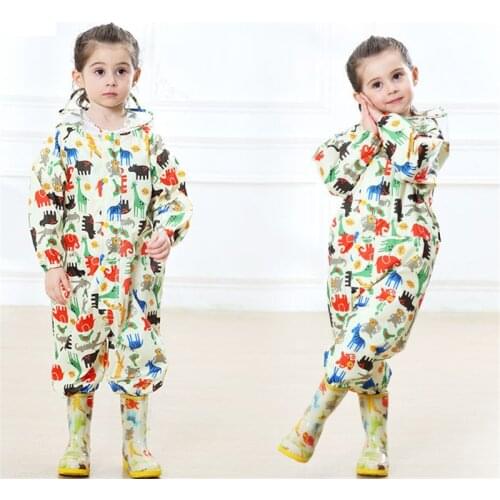 Kids Raincoat Jumpsuit Waterproof Cartoon Children Rainwear For Baby Boys Girls 2-7 Years Hooded Rain Pants Overalls Clj418
