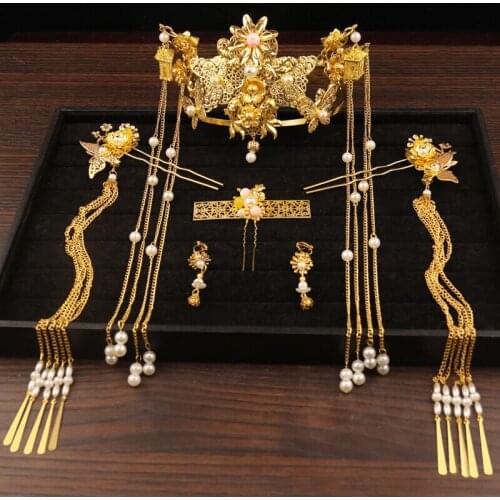 Xiuhe clothing costume wedding Chinese wedding tassel phoenix crown step by step crown hair accessories female suit + ear clip
