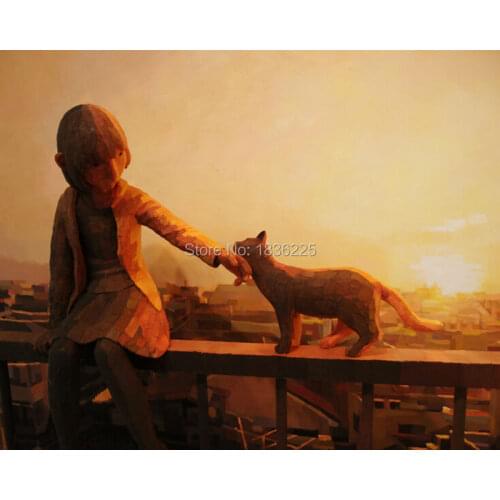 Handmade oil painting 3D Design Canvas Oil Painting Girl and Cat 3d Oil Painting on Canvas modern art painting home wallpapers