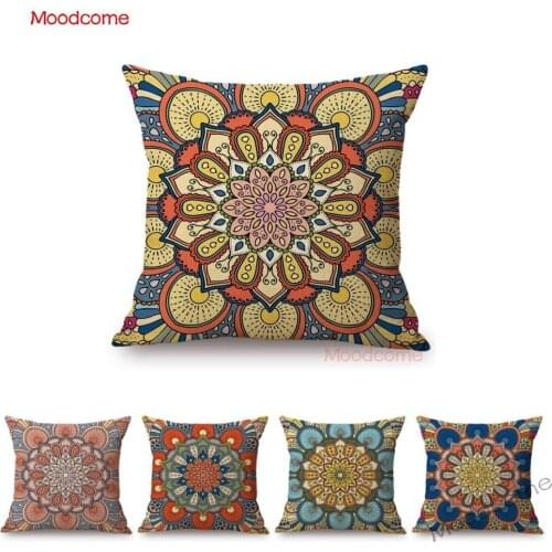Red Pink Mandala Geometric Mediterranean style Floral Pattern Home Decorative Sofa Pillow Case Cotton Linen Medium Cushion Cover