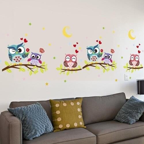 Colorful Owls Cartoon Wall Stickers Owls on The Tree Children Room Home Decor Wall Decals Wall Stickers for Kids Rooms Removable