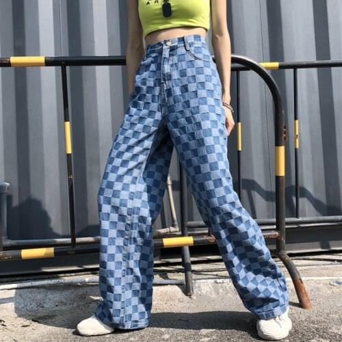 UNISEX Summer Retro Blue Checkered Washed Denim Loose Pants Plaid Jeans for Women High Waist Wide Sexy Lady Oversized Jeans Pant
