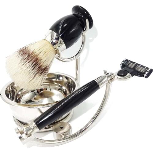 WLONG 4 in 1 Black Acrylic Safety Razor Kit Mens Shaving Gift Set with Boar Bristle Hair Brush Mug Bowl and Stand Holder