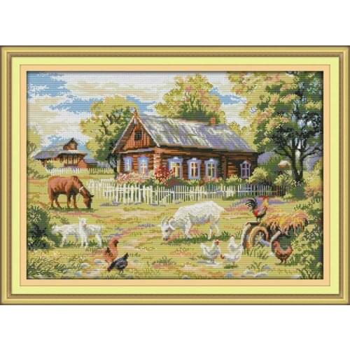 Joy Sunday Farm Scenery Cross Stitch Kit 14CT 11CT Animal Pattern Counted Embroidery Set DIY Needlework Home Decoration Painting