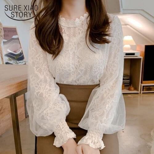 New Women Mesh Sheer Blouse See-through Lantern Long Sleeve Blouse Fashion Button Transparent White Shirt Female Blusas 10456