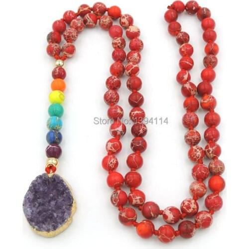 Natural Amethys t Druzy & 7 Chakra Colors Pendants Necklaces 8mm Red Imperial Jaspe r Round Beads Knot Handmade