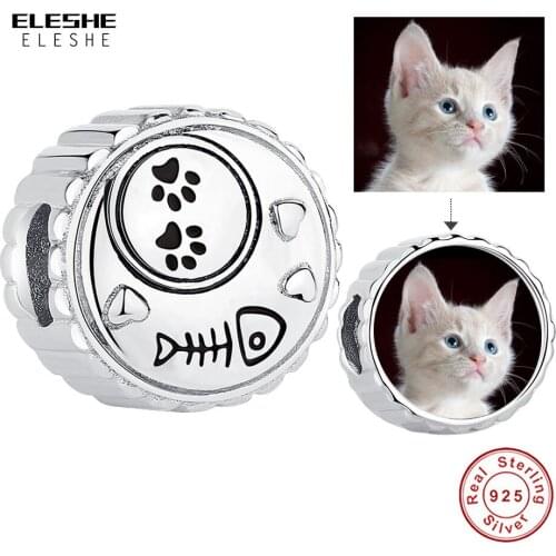 Authentic 925 Sterling Silver Charm Beads Pet Paw Custom Photo Round Charm Fit Original Bracelet Bead DIY Jewelry Christmas Gift