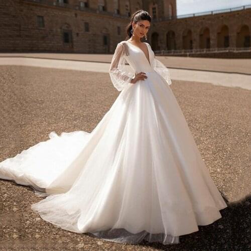 Simple 2021 Wedding Dresses Sexy V Neck Long Sleeves wedding dresses Vintage Satin Wedding Gowns Backless Beach Bridal Dress