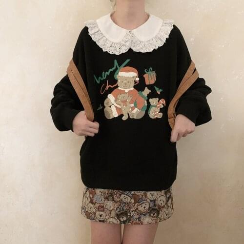 Xmas Print Hoodies Female Cute Vintage Bear Doll Black Thicken Loose O-Neck Japanese BF Pullover Men Unisex Autumn Winter Tops